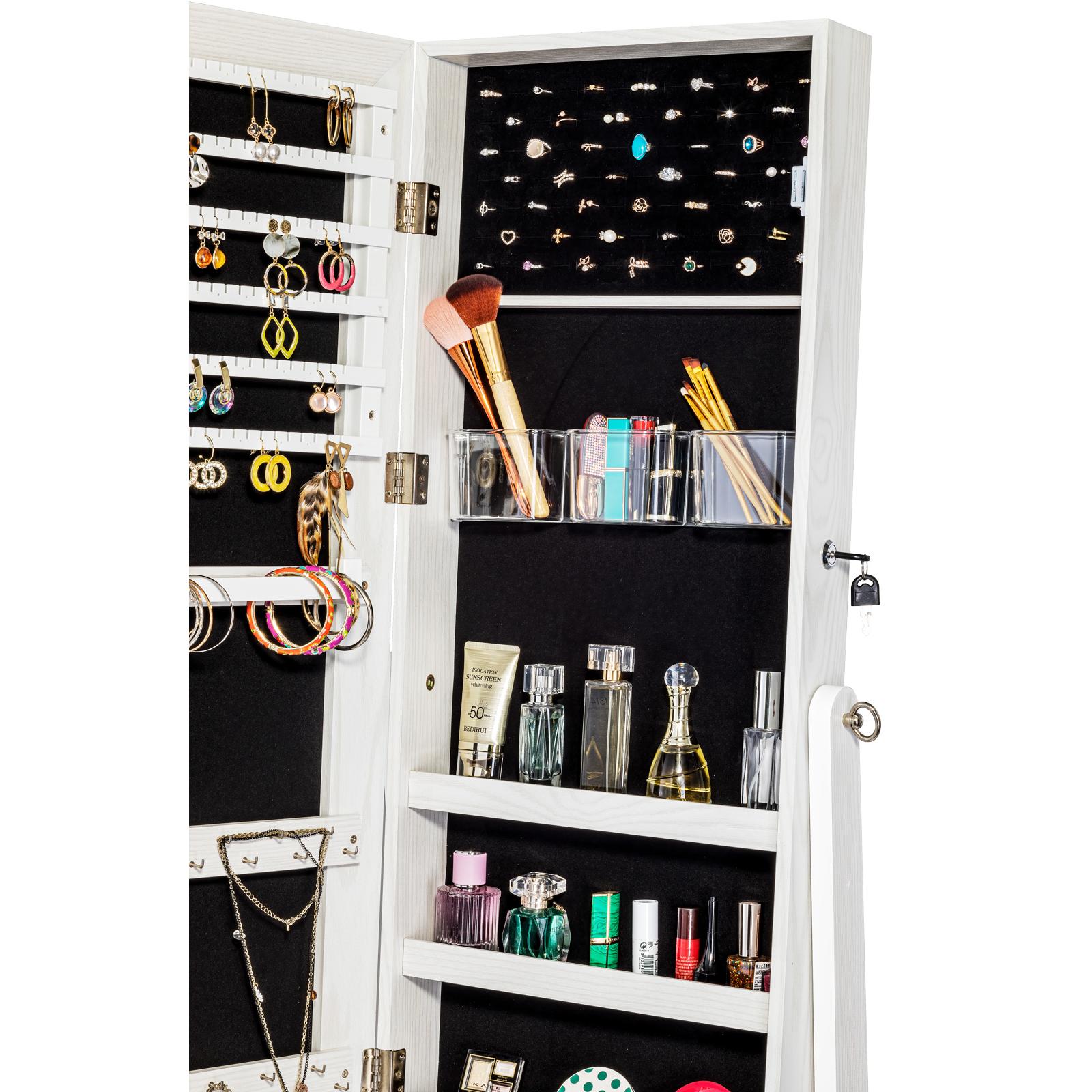 ViscoLogic Melanie Jewelry Armoire Makeup Mirrored Storage Cabinet for Cosmetics, Jewelry, Lockable Cabinet and Organizer With Dressing Mirror (White)