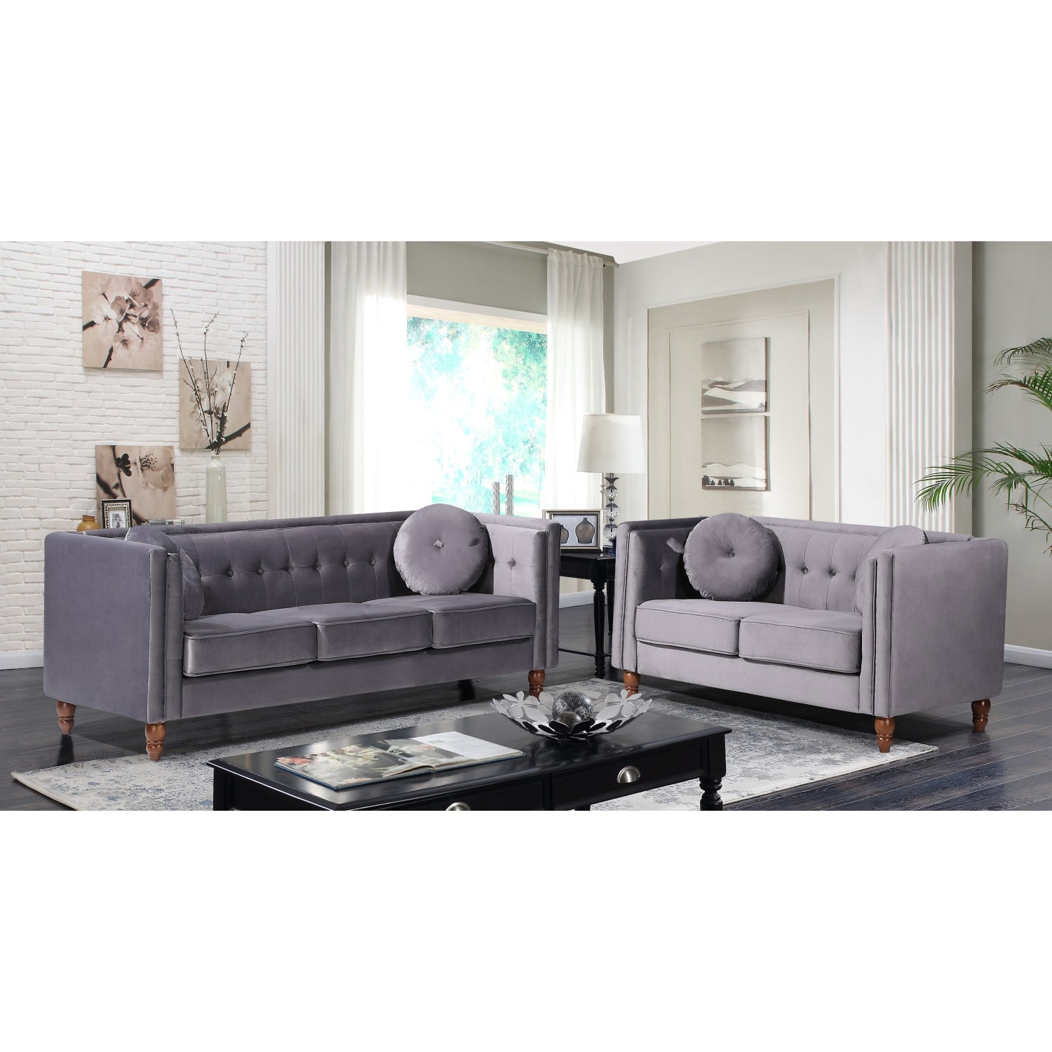 ViscoLogic Tuxedo Mid Century Tufted Style Velvet Upholstery Arm 3-Seater Sofa/Couch, Loveseat & Chair For Living Room  (Grey)