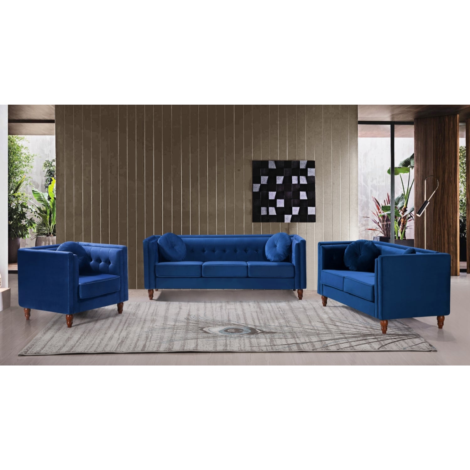 ViscoLogic Tuxedo Mid Century Tufted Style Velvet Upholstery Arm 3-Seater Sofa/Couch, Loveseat & Chair For Living Room (Navy Blue)