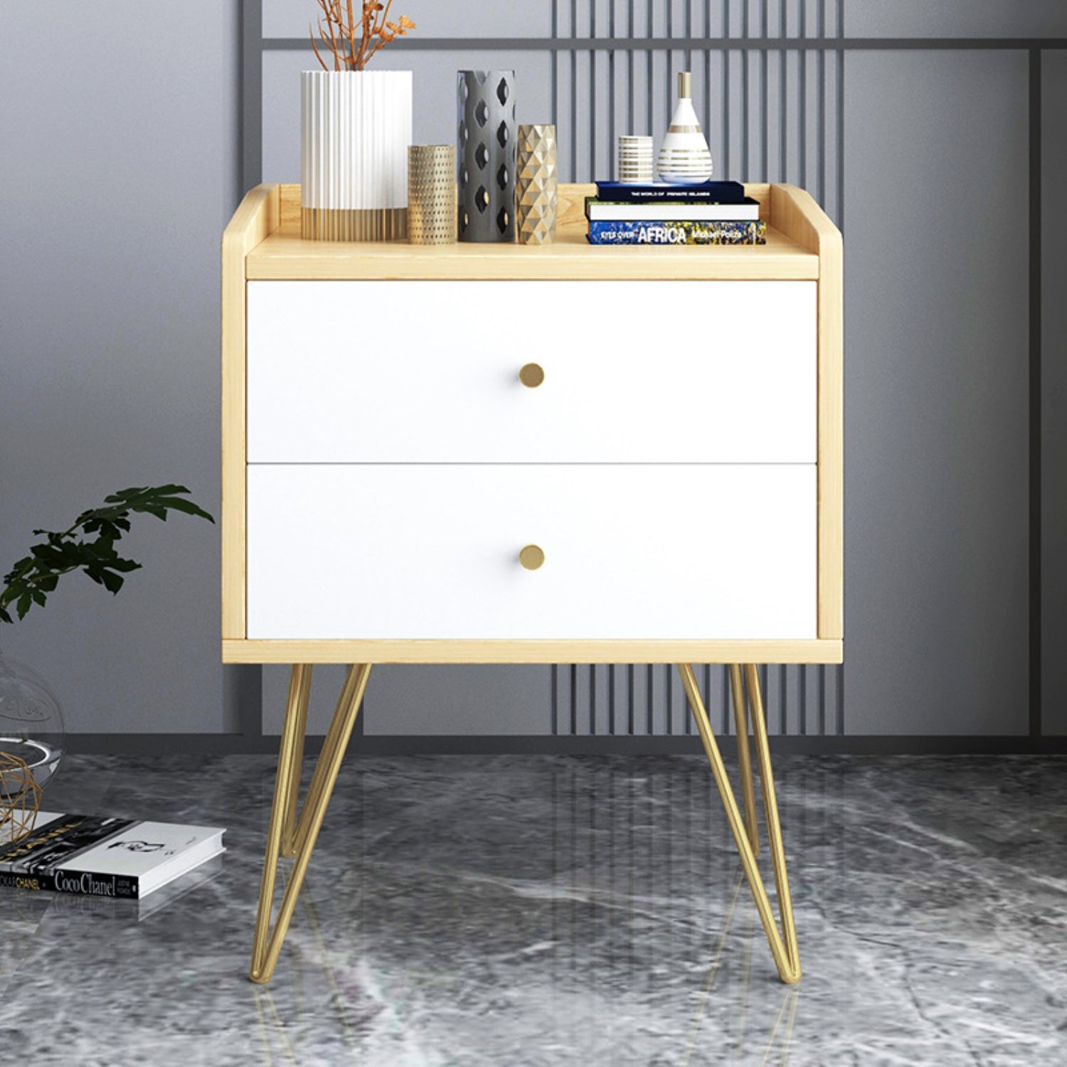 ViscoLogic SANTINEL Mid-Century NightStand With Open Storage and Two Drawers for Bedroom (Wood Grain)