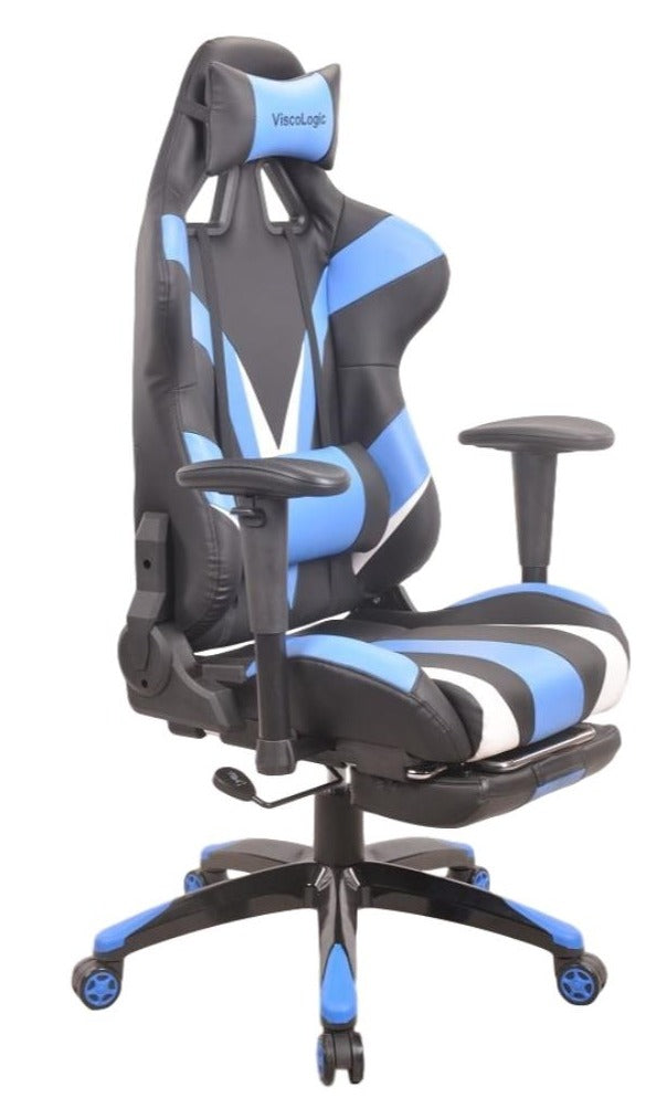 ViscoLogic VIPER High Back Gaming Racing Style Home Office Chair with Footrest (Black & Blue)