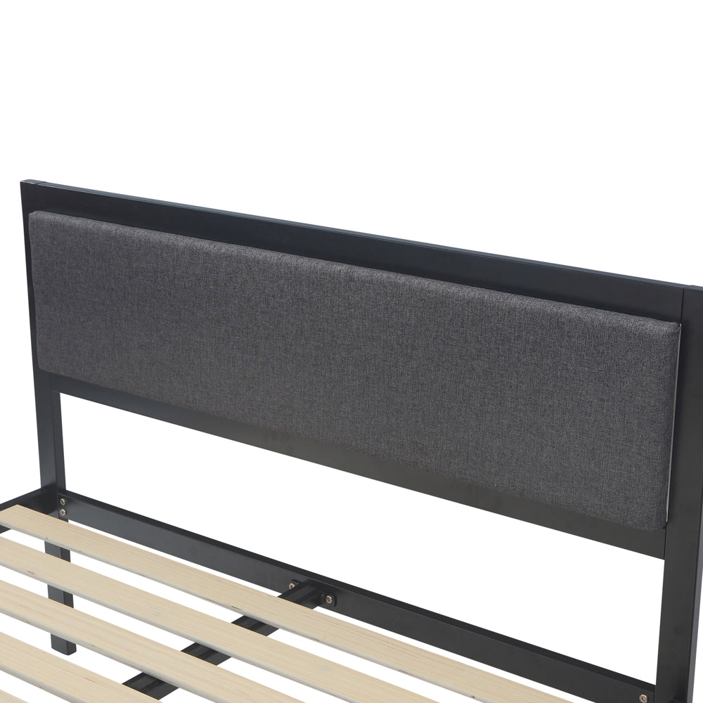ViscoLogic Platform Metal Bed Frame with Upholstered Headboard/Mattress Foundation/Wood Slat Support
