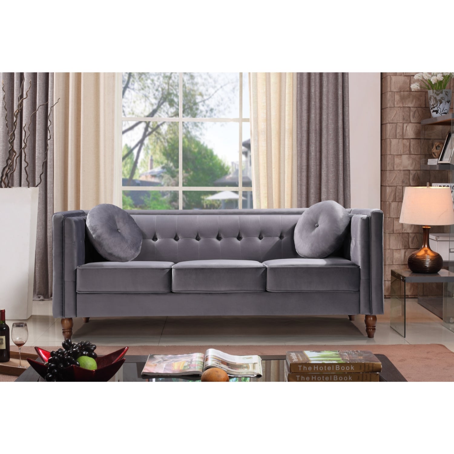 ViscoLogic Tuxedo Mid Century Tufted Style Velvet Upholstery Arm 3-Seater Sofa/Couch, Loveseat & Chair For Living Room  (Grey)