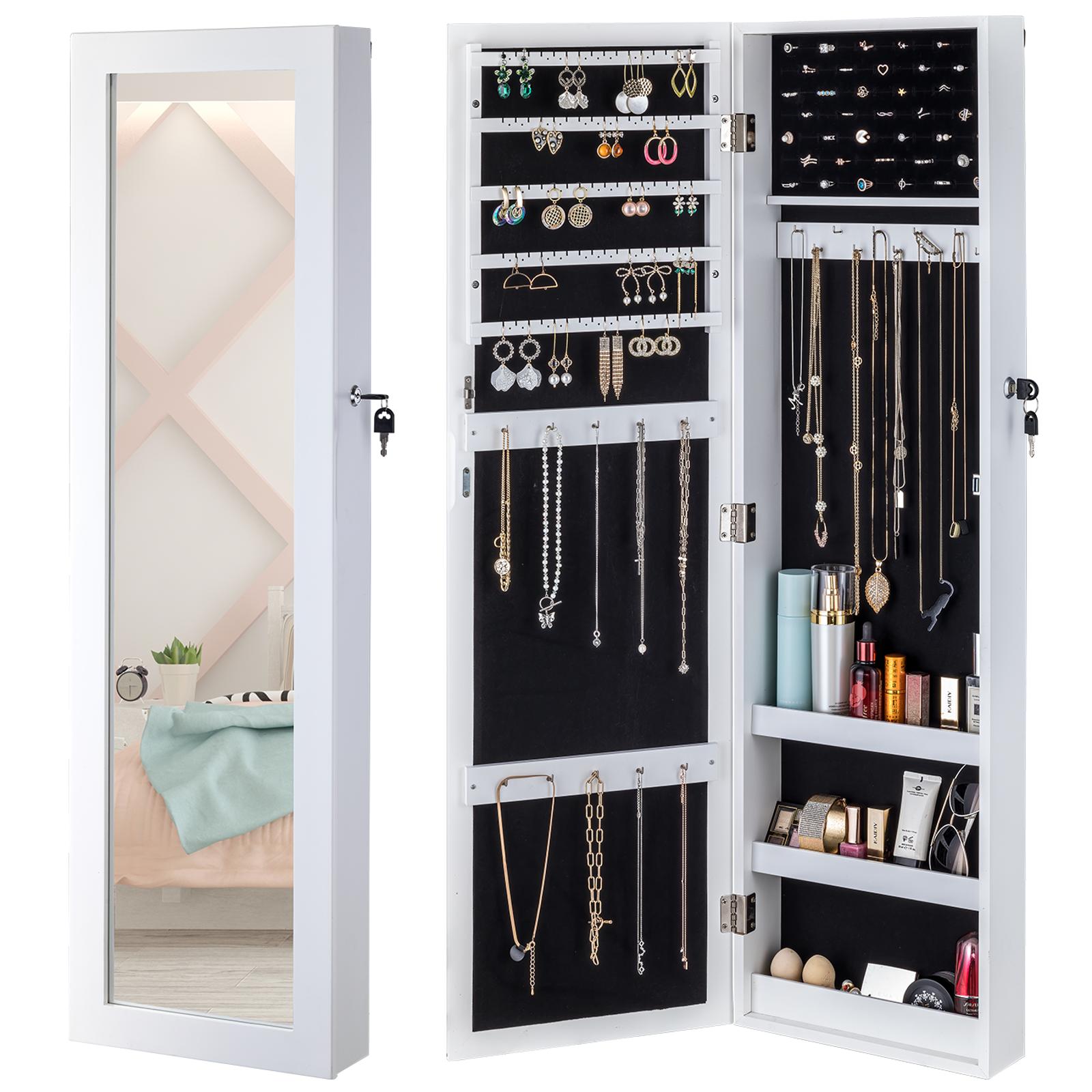 ViscoLogic Lexi Wall Mounted/ Door- Hanging  Jewelry Armoire Makeup Storage Cabinet for Cosmetics, Jewelry, Lockable Cabinet and Organizer With Full Length Mirror (White)