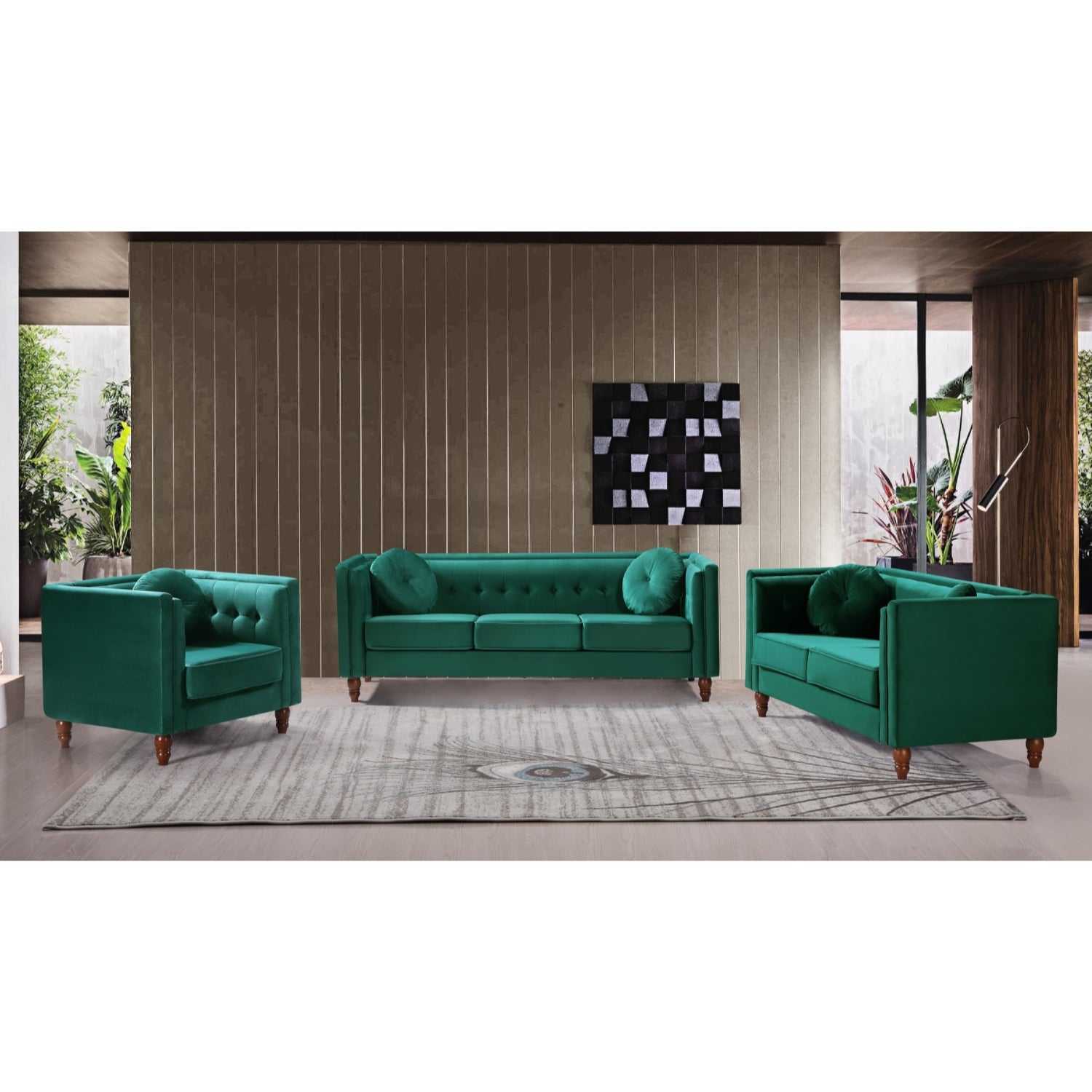 ViscoLogic Tuxedo Mid Century Tufted Style Velvet Upholstery Arm 3-Seater Sofa/Couch, Loveseat & Chair For Living Room (Green)