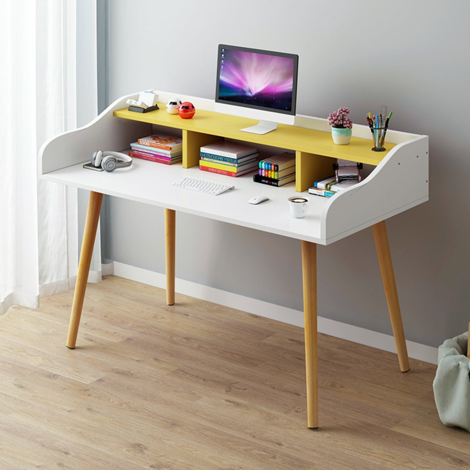 ViscoLogic BOOKER Mid-Century Home Office  Computer Writing Desk, Workstation, Study Desk With Storage Shelves (White)