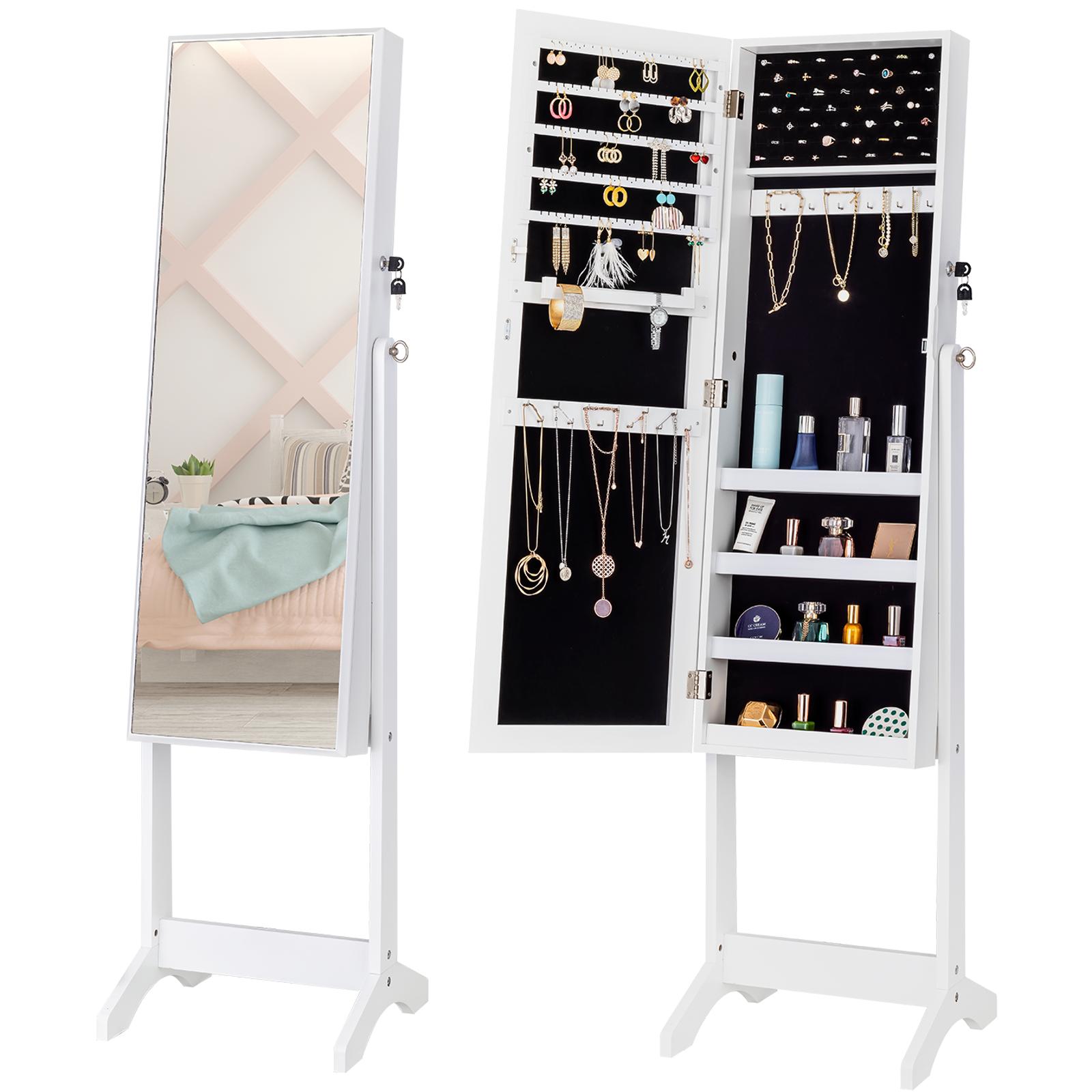 ViscoLogic Evie Jewelry Armoire Makeup Mirrored Storage Cabinet for Cosmetics, Jewelry, Lockable Cabinet, and Organizer With Dressing Mirror (White)